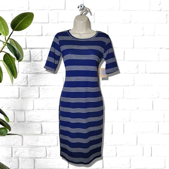 Lularoe Julia Striped Navy Quarter Sleeve T-Shirt Dress - Picture 1 of 5